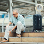 man in pain traveling with common vein conditions